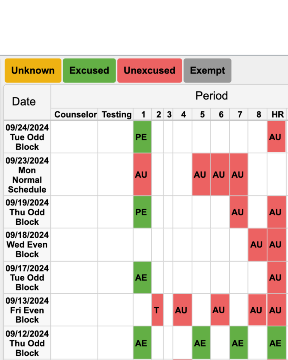 The image above shows what attendance records look like when students do not attend class and are frequently tardy. The above example has been edited slightly.